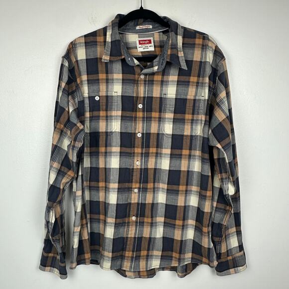 Wrangler Mens Flex For Comfort Button-Up Long Sleeve Brown/Grey Plaid Shirt XL - Picture 1 of 10